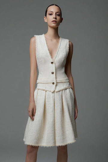 Knee-Length A Line V-Neck Ivory Work Dress with Pleats